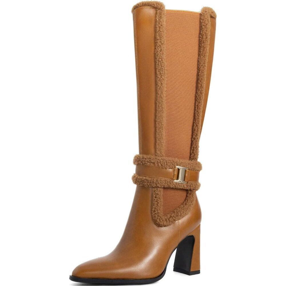 Women's Brown Chunky Block High Heels Pointed Toe Winter Snow Knee High Boots